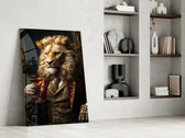 Noble-gentleman artwork anchoring a wall with crimson-and-mahogany palette