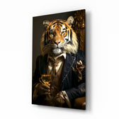 Vintage-portrait panel bringing dapper glow to a library