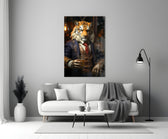 Duke Lion glass wall art styled above a console in a home bar