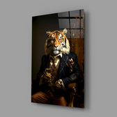 Gentleman close-up showing tiger on gilded throne in navy suit