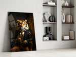 Noble-gentleman artwork anchoring a wall with navy-and-gold palette