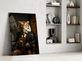 Noble-gentleman artwork anchoring a wall with navy-and-gold palette