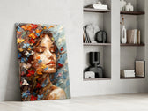 Serene-muse artwork anchoring a wall with tangerine-and-ivory palette
