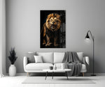 Lion in the Dark glass wall art styled above a console in a study