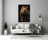 Lion in the Dark glass wall art styled above a console in a study