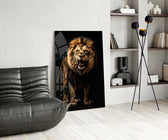 Lion in the Dark glass print enhancing a den with statement firepower