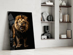 Stalking-predator artwork anchoring a wall with gold-and-onyx palette