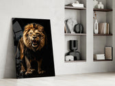 Stalking-predator artwork anchoring a wall with gold-and-onyx palette