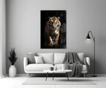 Tiger in the Dog glass wall art styled above a console in a study