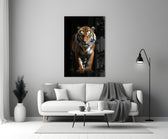 Tiger in the Dog glass wall art styled above a console in a study