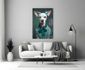 Dog Vogue glass wall art styled above a console in a powder room