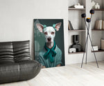 Dog Vogue glass print enhancing a foyer with statement firepower