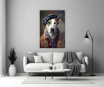 Dog Vogue glass wall art styled above a console in a foyer