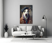 Dog Vogue glass wall art styled above a console in a foyer