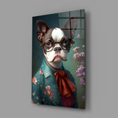Dog Vogue close-up showing Boston-terrier with monocle and bowtie
