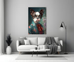 Dog Vogue glass wall art styled above a console in a study