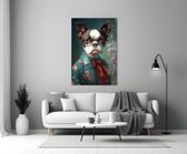Dog Vogue glass wall art styled above a console in a study