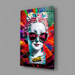 Oh close-up showing marble bust in magenta sunglasses
