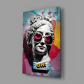 Oh close-up showing marble bust with cyan-reflection sunglasses