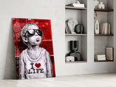 Stencil-boy artwork anchoring a wall with scarlet-and-monochrome palette