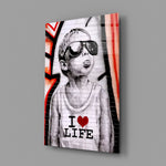 I Love Life close-up showing boy with sunglasses and scarlet drip-graffiti