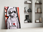 Stencil-boy artwork anchoring a wall with scarlet-and-ivory palette