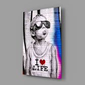I Love Life close-up showing boy with scarlet-cobalt graffiti behind