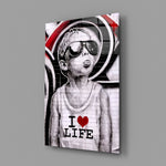 I Love Life close-up showing boy with scarlet halo graffiti