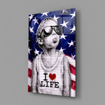 I Love Life close-up showing boy with American flag behind