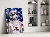 Stencil-boy artwork anchoring a wall with scarlet-and-cobalt palette