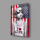 I Love Life close-up showing boy with weathered American flag
