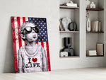 Stencil-boy artwork anchoring a wall with scarlet-and-cobalt palette