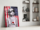 Stencil-boy artwork anchoring a wall with scarlet-and-cobalt palette