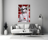 I Love Life glass wall art styled above a console in a media room