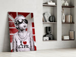 Stencil-boy artwork anchoring a wall with scarlet-and-cobalt palette