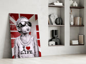 Stencil-boy artwork anchoring a wall with scarlet-and-cobalt palette