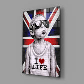 I Love Life close-up showing boy with weathered Union Jack