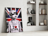Stencil-boy artwork anchoring a wall with scarlet-and-cobalt palette