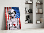Stencil-boy artwork anchoring a wall with scarlet-and-cobalt palette