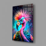 Rockamingo close-up showing magenta mohawk and rainbow plumage