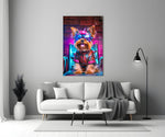 Hip Dog glass wall art styled above a sideboard in a media room