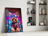 Neon-canine artwork anchoring a wall with magenta-and-cobalt palette