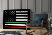 Fusion-flag artwork anchoring a wall with green-and-scarlet palette