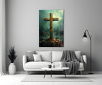 Cross glass wall art styled above a console in a study