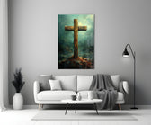 Cross glass wall art styled above a console in a study