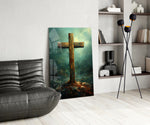 Cross glass print enhancing a foyer with statement firepower