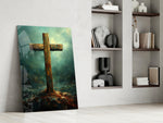 Hilltop-cross artwork anchoring a wall with teal-and-amber palette