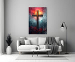 Cross glass wall art styled above a console in a chapel room