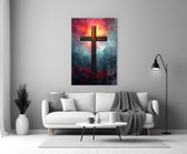 Cross glass wall art styled above a console in a chapel room