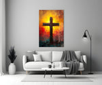 Cross glass wall art styled above a console in a chapel room
